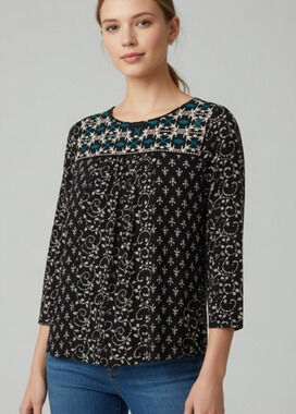 Lucky Brand Boho Blouse Womens S Black Embroidered 3/4 Sleeve Peasant Top Cotton